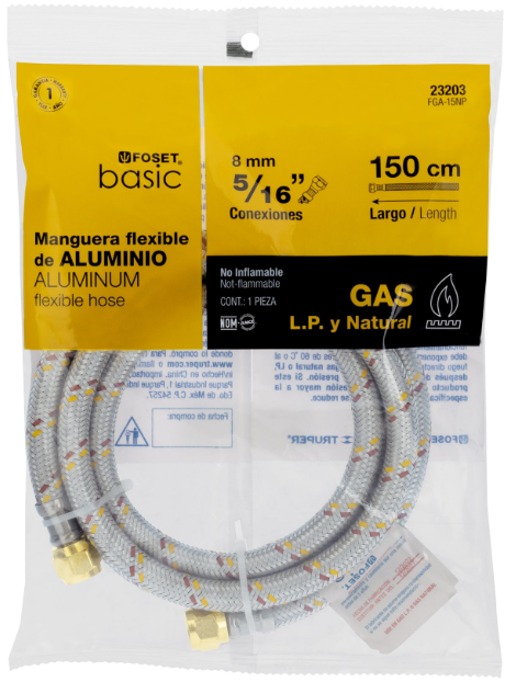 Manguera para gas, aluminio, 5/16" flare, 150cm, FOSET BASIC Código: 23203
