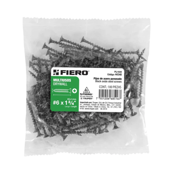Tornillo Tablaroca 6X1 3/4" Pij-644 Fiero Bolsa C/100 Piezas