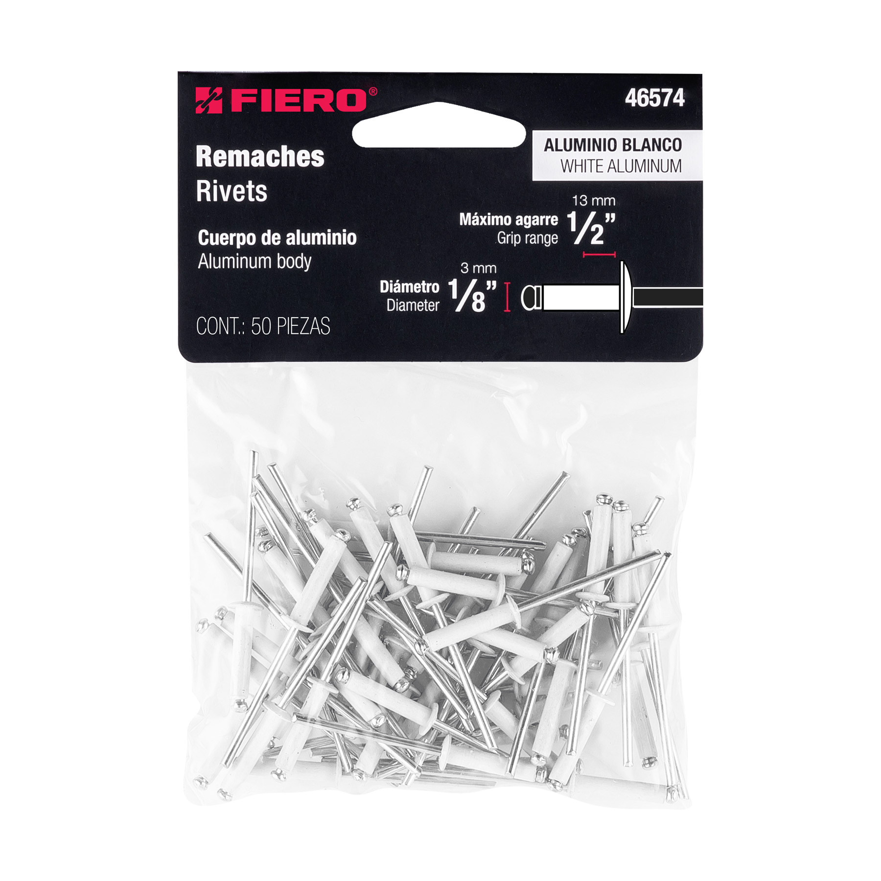 Bolsa c/50 remaches 1/8"x1/2" blancos de aluminio, ala 1/4" 46574