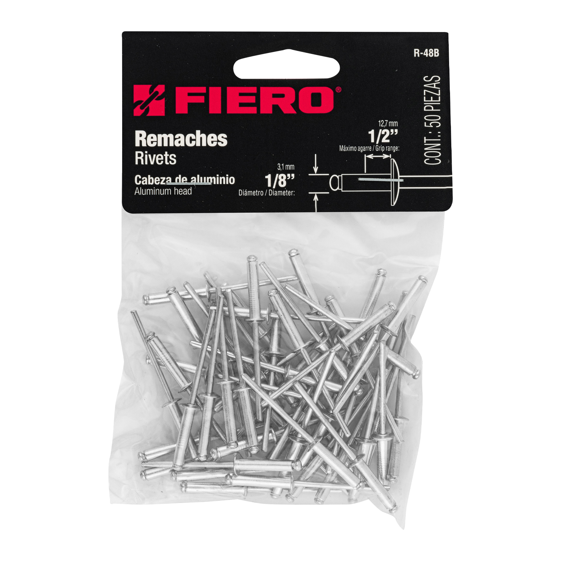 Bolsa con 50 remaches 1/8" x 1/2" de aluminio, ala 1/4  44523