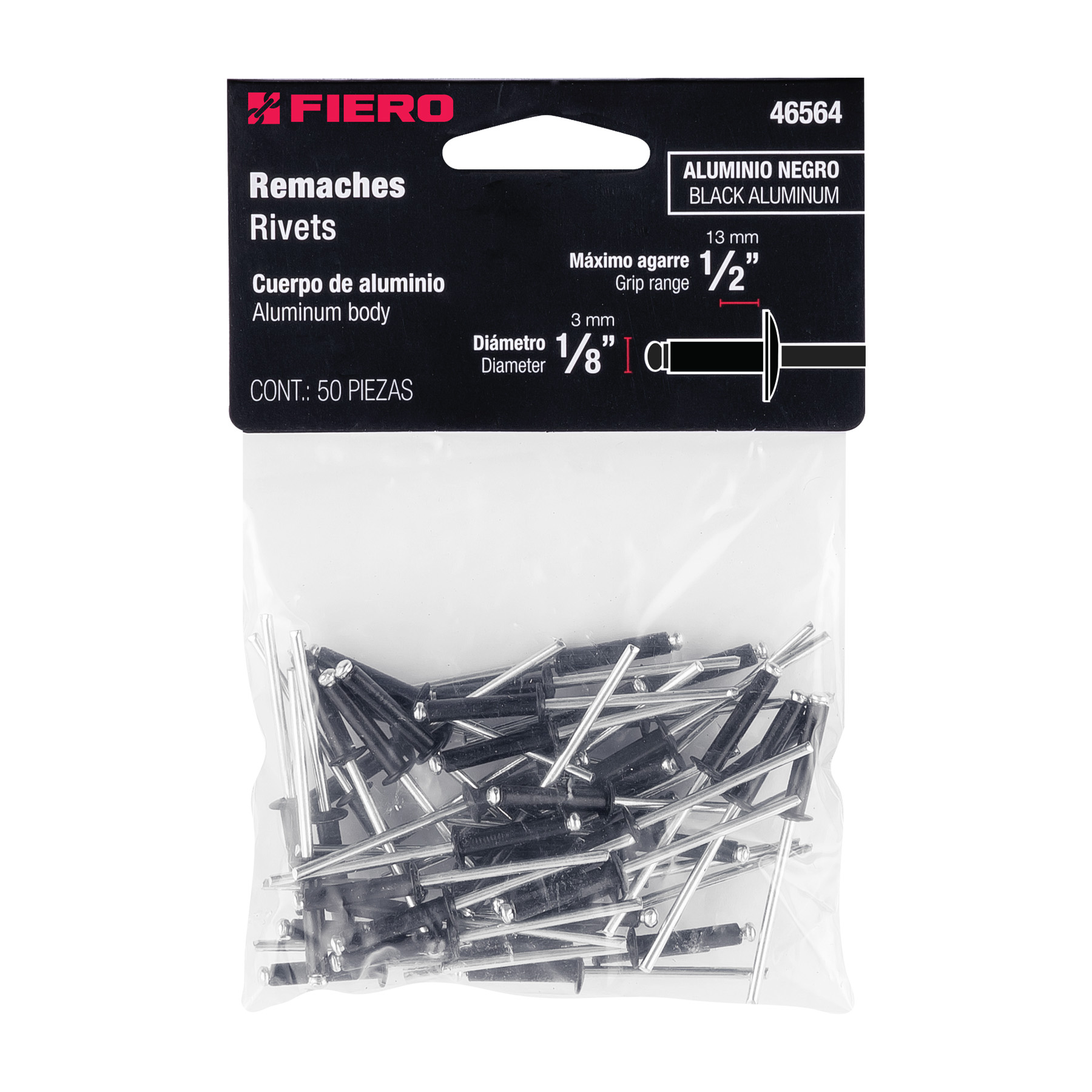 Bolsa c/50 remaches 1/8"x1/2" negros de aluminio, ala 1/4"   46564